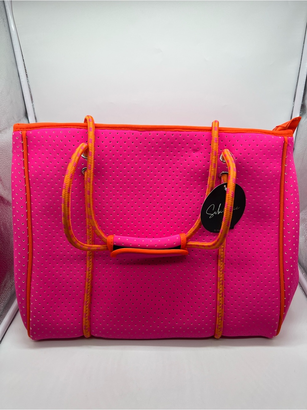 NWT BAG & BOUGIE x SABICHIC Pink Orange Perforated Neoprene Washable Tote Bag - Picture 12 of 12